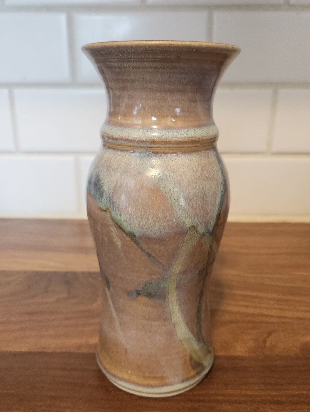 Handcrafted Drip Glaze PotteryVase in Earthy Tan, Blue Green Glaze-Signed